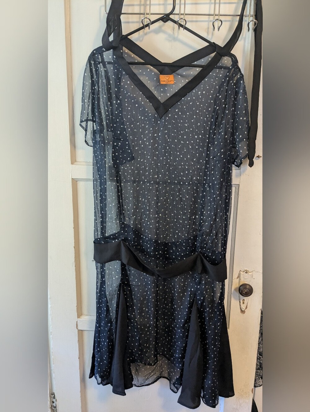 Marycrafts Drop Waist Polka Dot Sheer Midi Dress with V-Neck, Large